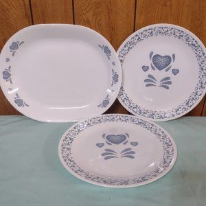Corelle Platter & 2 Dinner Plates Dishes Blue Hearts